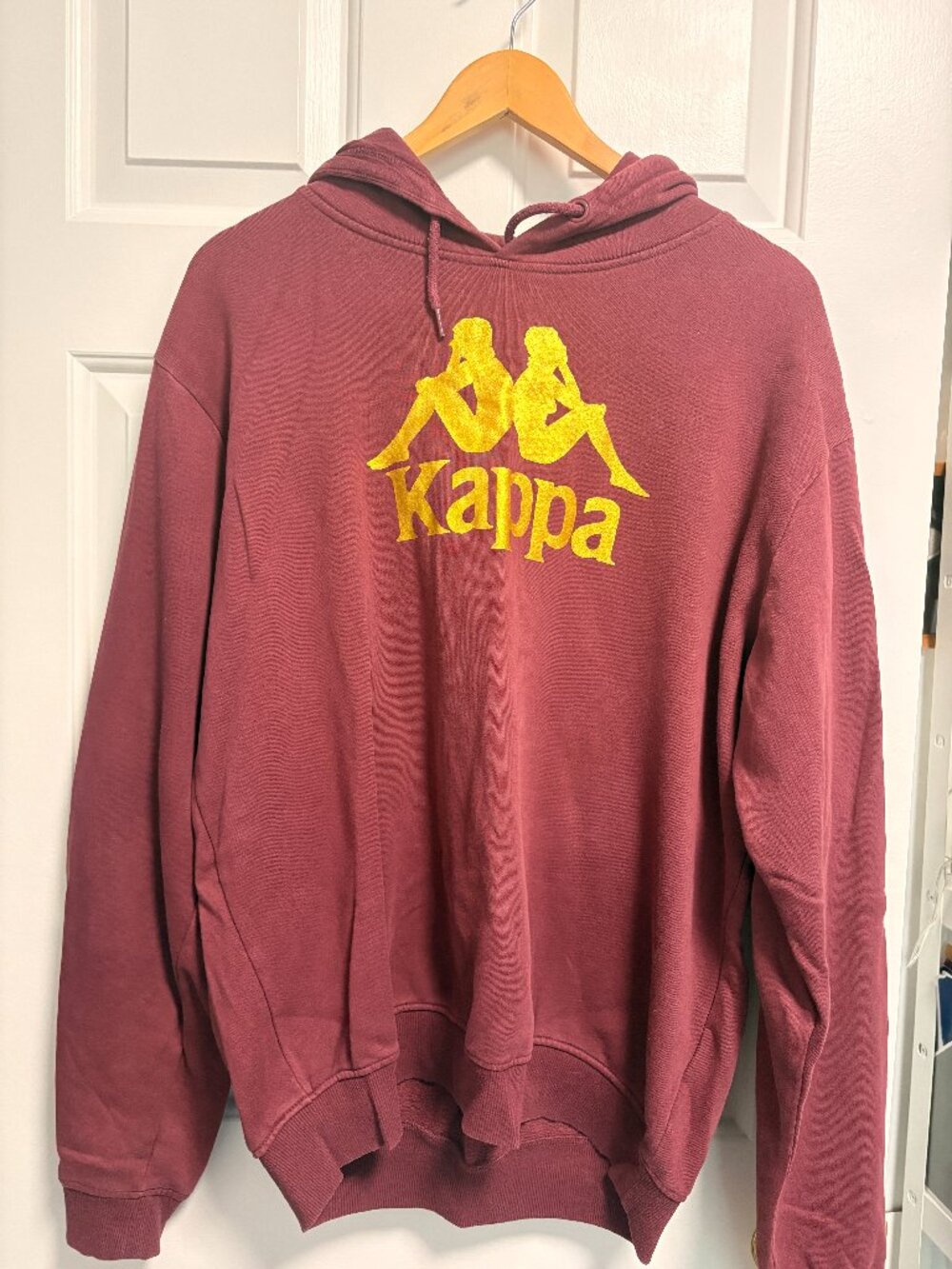 Vintage Kappa Hoodie Men's Burgundy Pullover with Gold Logo XL